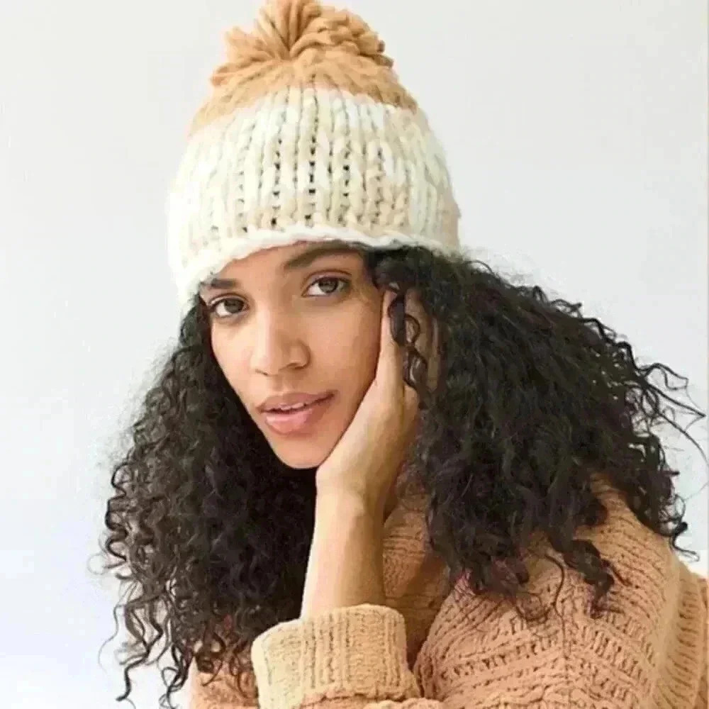 Free People Cozy Up Color Block Pom Pom Beanie Hat NWT
